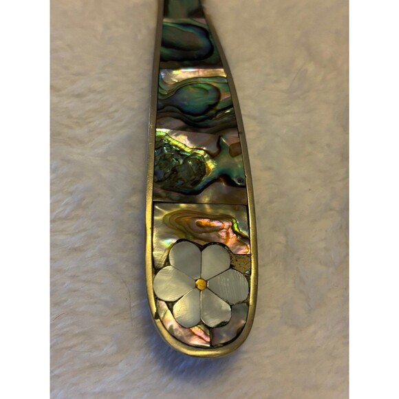Mexico Alpaca Silver Abelone and Mother of Pearl Inlay Serving Spoon & Fork Set - Picture 3 of 5